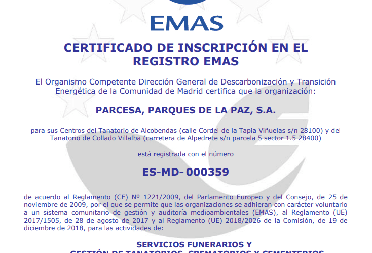 Parcesa se convierte en la primera funeraria de la Comunidad de Madrid en obtener la certificación medioambiental EMAS