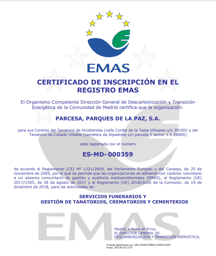 Parcesa se convierte en la primera funeraria de la Comunidad de Madrid en obtener la certificación medioambiental EMAS