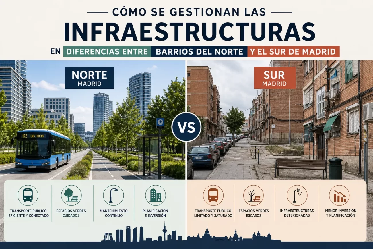 cómo se gestionan las infraestructuras en Diferencias entre barrios del norte y el sur de Madrid