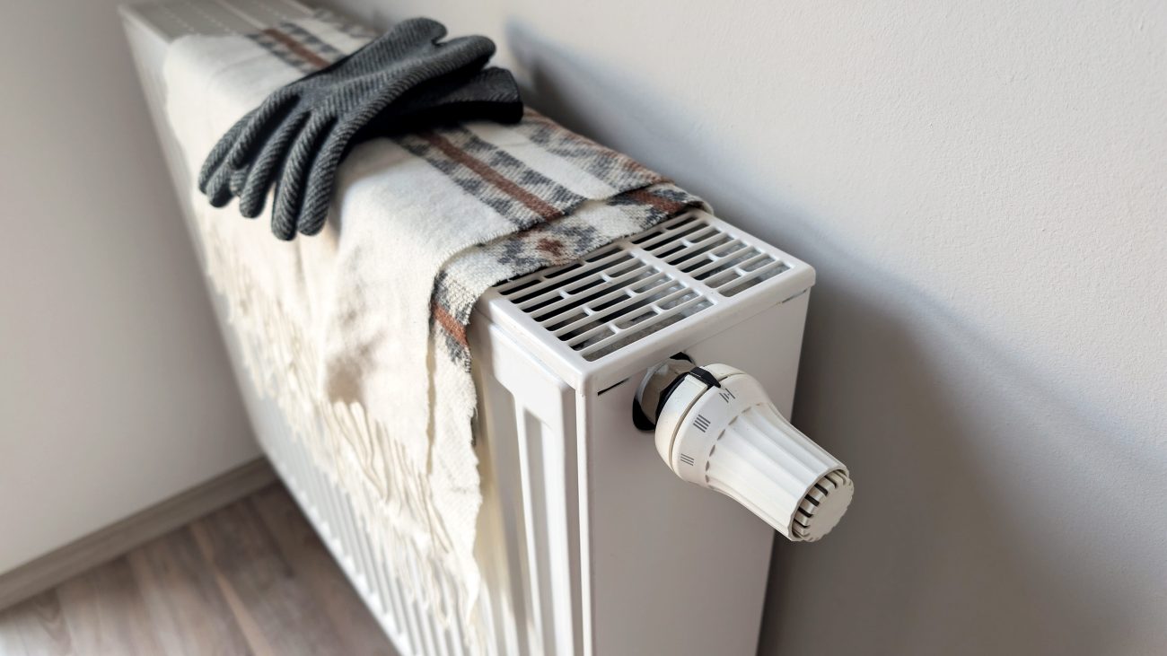 783996 J Abad Codelco - Diario a pie de barrio White radiator with a large temperature-control valve on the side, a plaid blanket draped over it, and a pair of gray gloves resting on top.